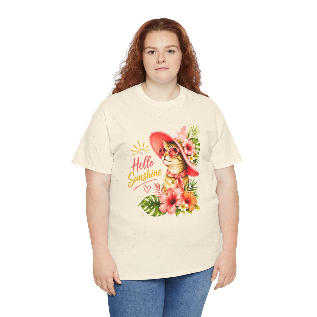 Hello Sunshine Cat Shirt | Cute Floral Cat T-Shirt | Tropical Summer Kitty Tee | Cat Lover Gift | Cute Women's Graphic Tee