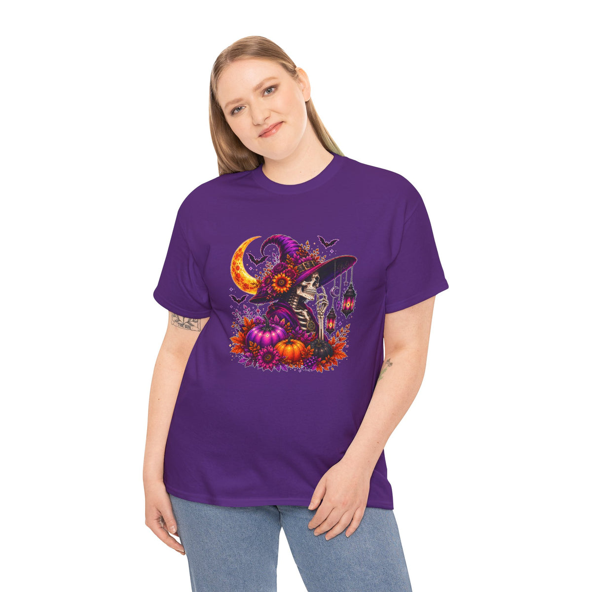 Halloween Witch Skeleton T-Shirt, Spooky Pumpkin Moon Tee, Gothic Fall Graphic Shirt, Halloween Gift for Her