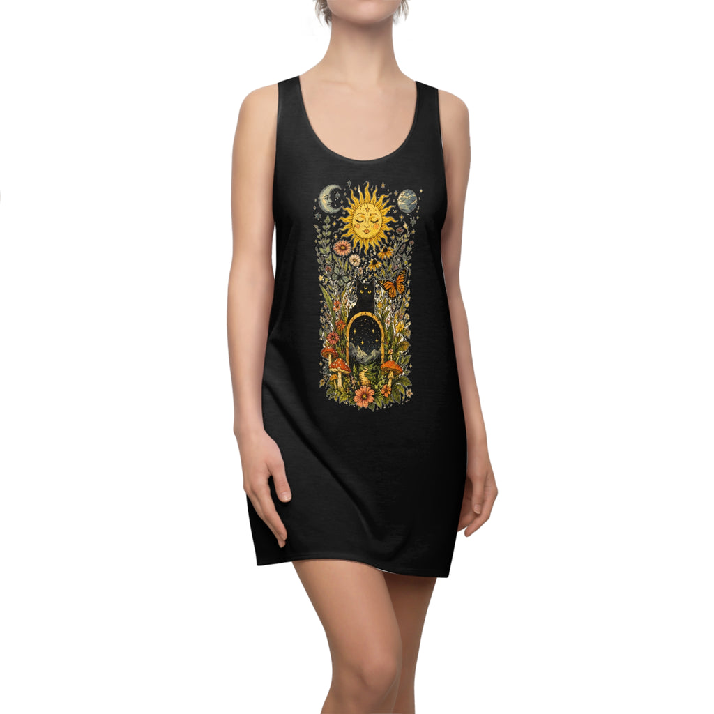 Celestial Sunflower Racerback Dress — Boho Sun & Moon Floral Graphic