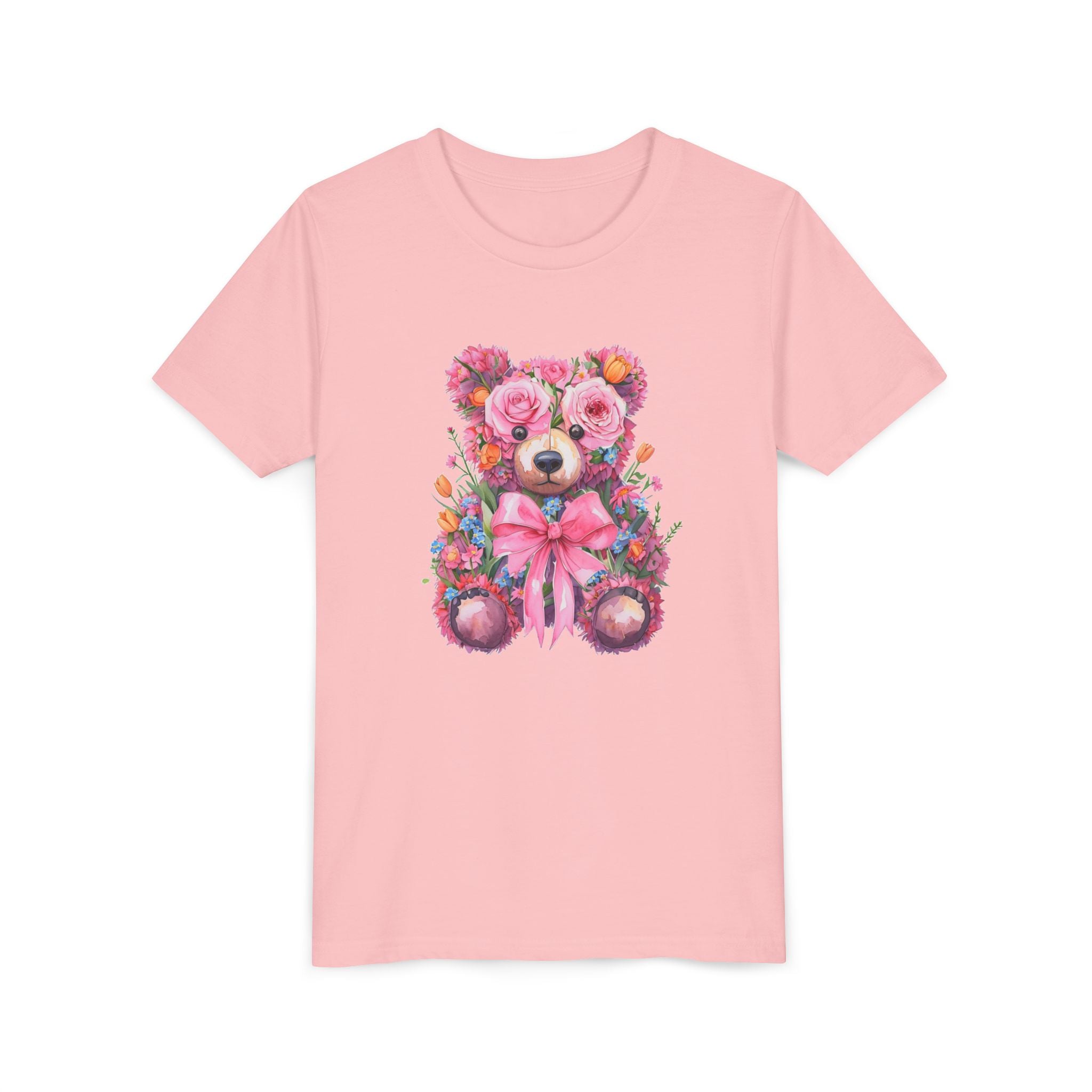 Floral Teddy Bear Kids T-Shirt, Cute Pink Bear Tee, Flower Bear Youth Shirt, Gift for Girls