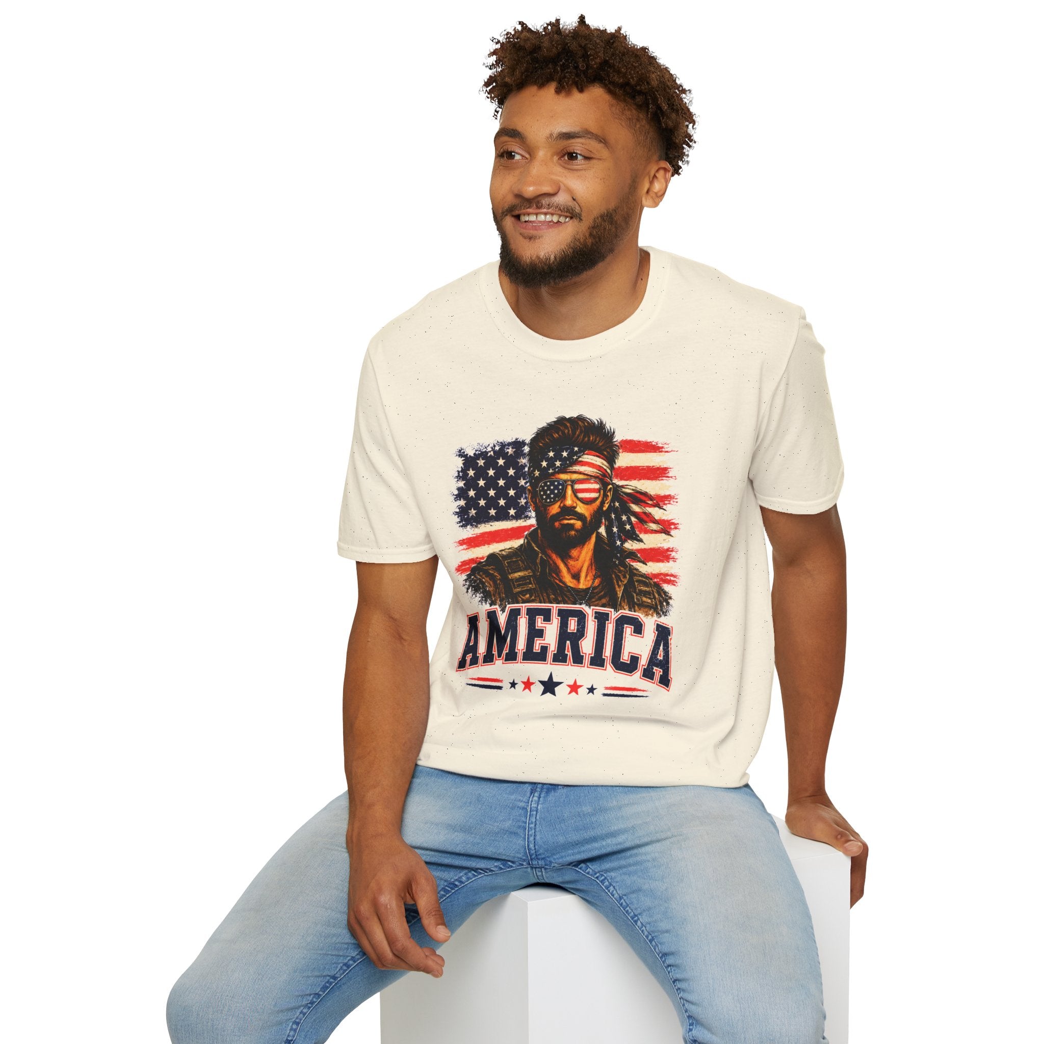 Patriotic Bandana Man T-Shirt — USA Flag Graphic Tee ("America")