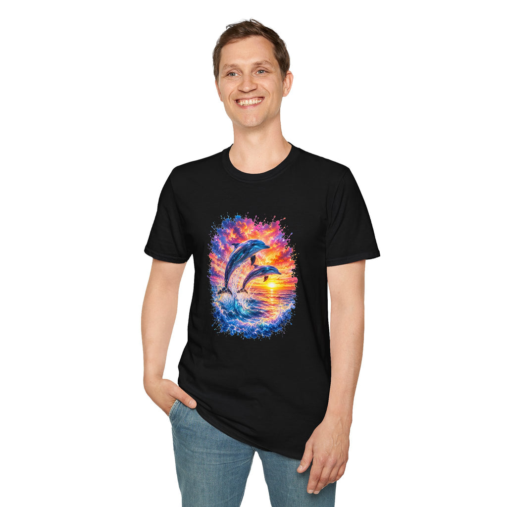 Dolphin Sunset TShirt  Vibrant Ocean Jump Graphic Tee