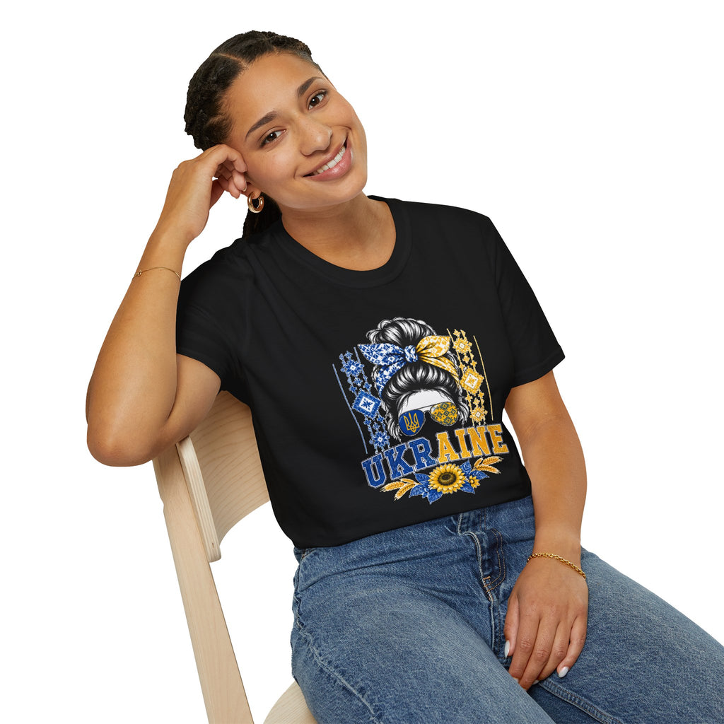 Ukraine Sunflower Hair Bun T-Shirt — Messy Bun with Blue & Yellow Bandana