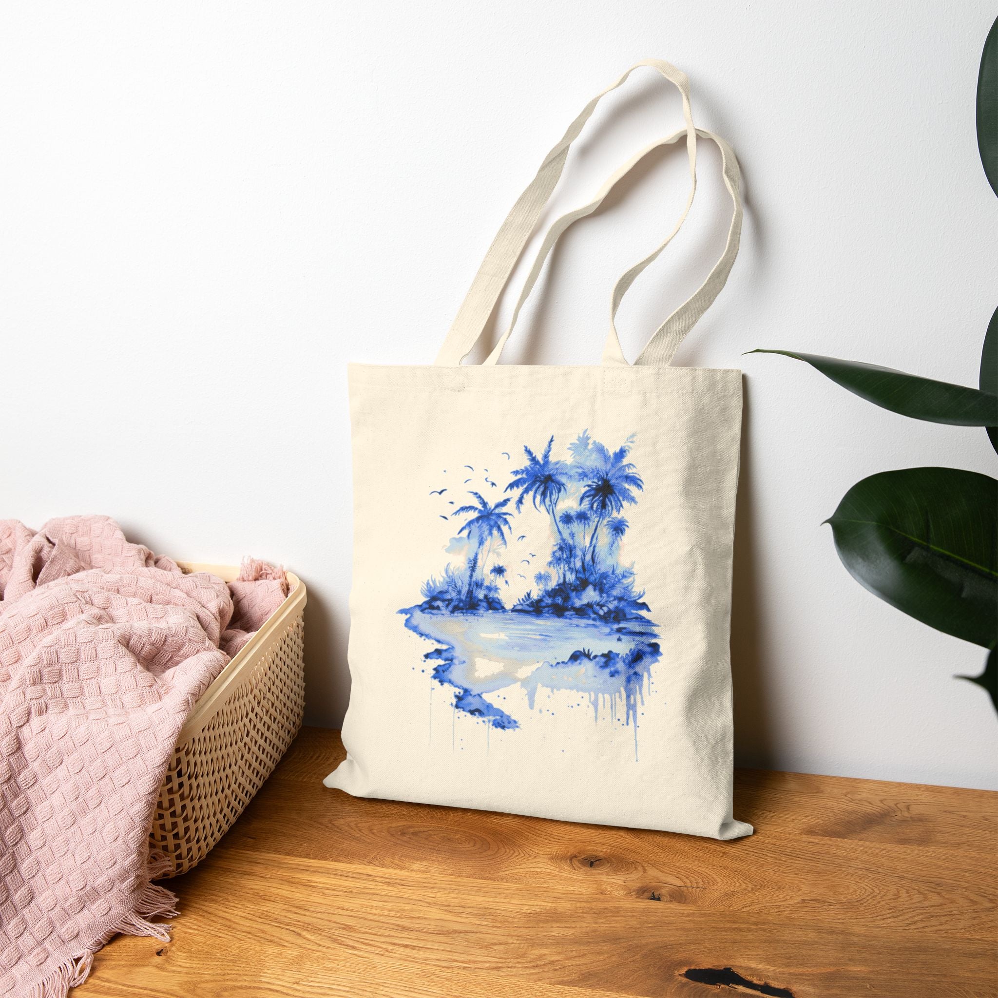 Blue Watercolor Tropical Island Tote Bag | Palm Trees Beach Canvas