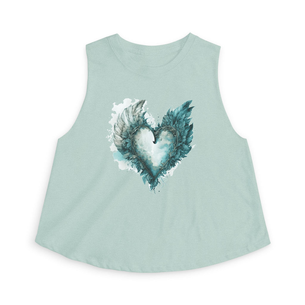 Winged Heart Crop Top, Angel Wings Heart Shirt, Teal Watercolor Graphic Crop Top, Aesthetic Women's Crop Tee