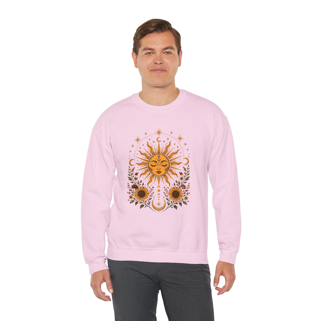 Sun & Sunflower Crewneck Sweatshirt, Boho Celestial Sweatshirt, Vintage Sun Graphic, Cozy Unisex Pullover, Gift for Her