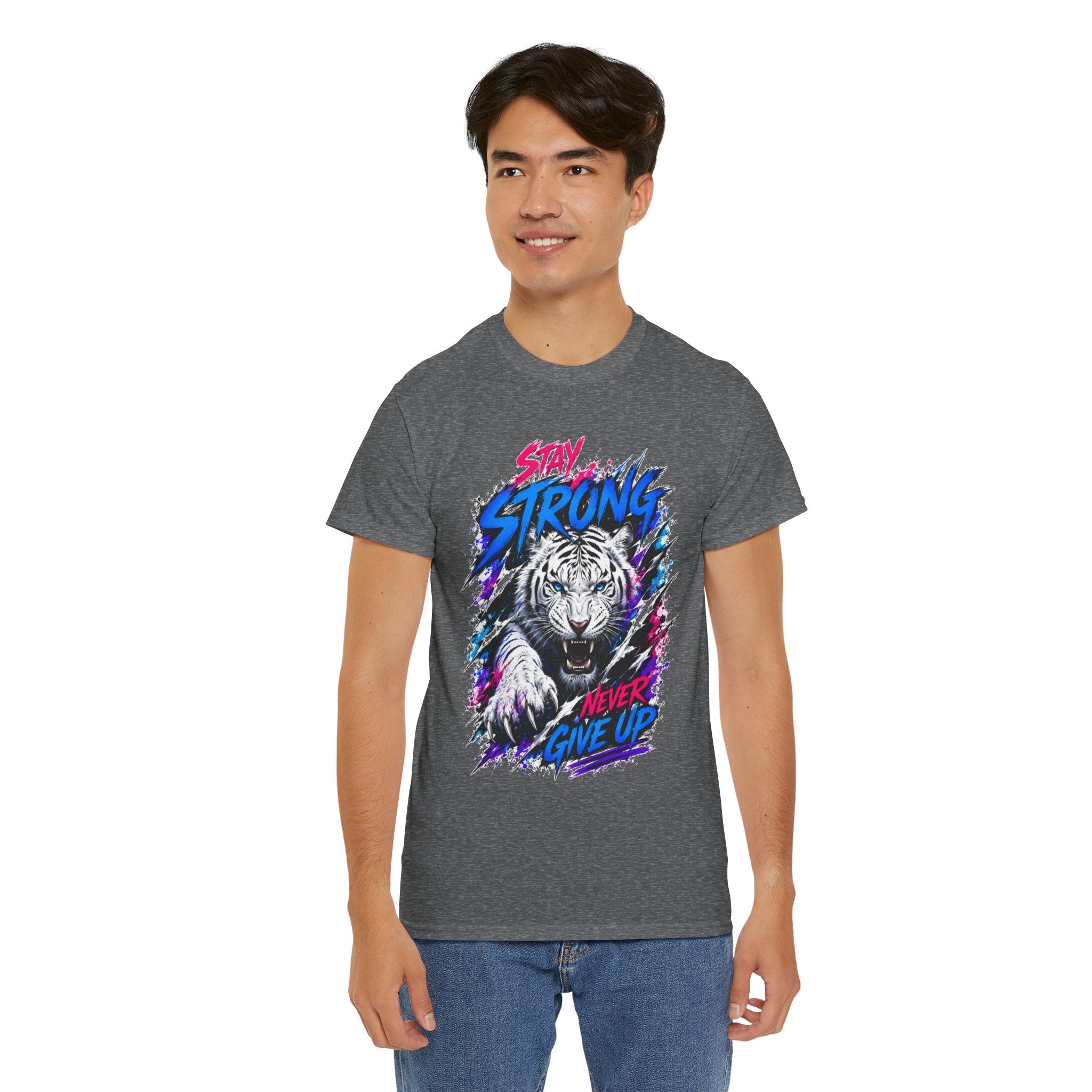 Stay Strong Never Give Up Tiger T-Shirt | White Tiger Graphic Tee | Motivational Unisex Shirt | Inspirational Animal Tee | Gift for Tiger Lovers