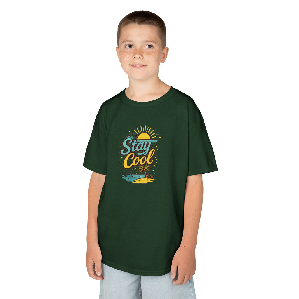 Kids "Stay Cool" Beach Graphic Tee — Tropical Sun & Palm Vacation Shirt
