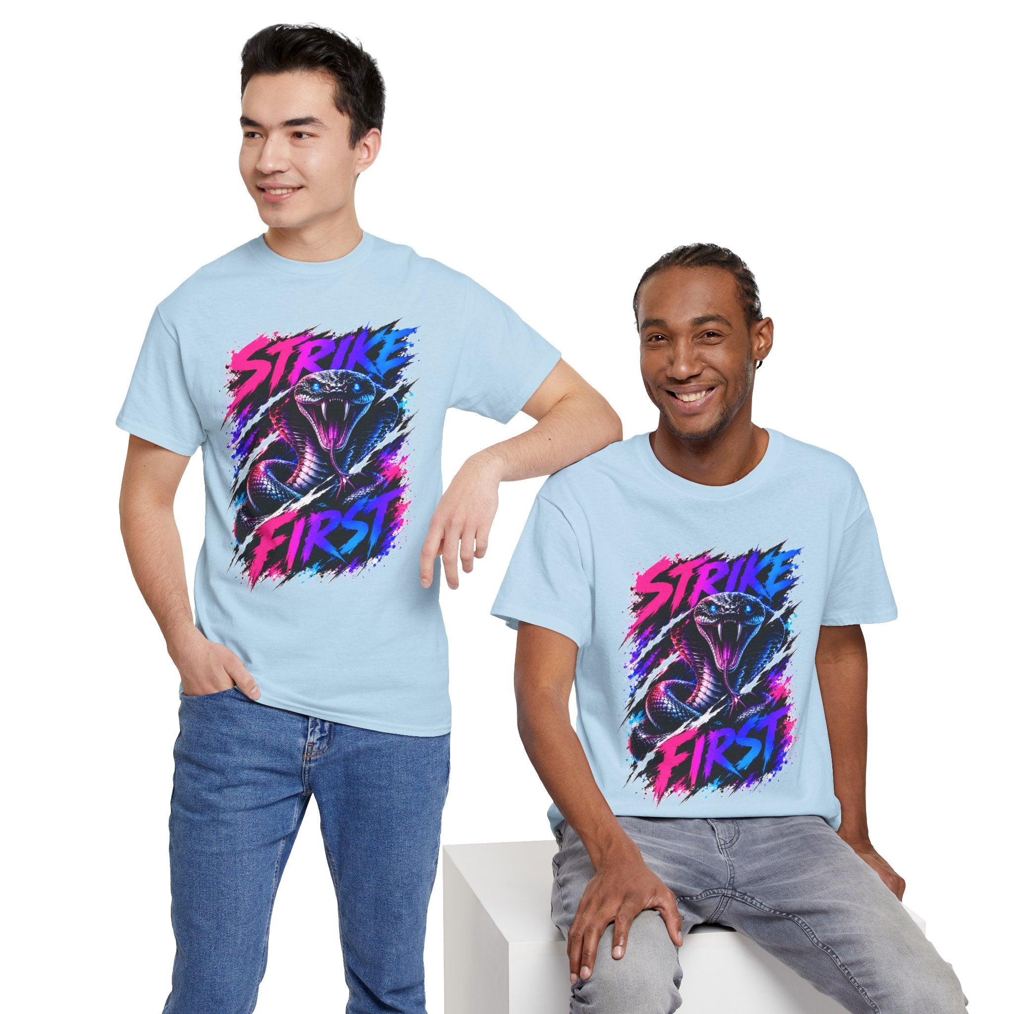 Strike First Cobra T-Shirt | Neon Snake Graphic Tee | Bold Streetwear Shirt | Unisex Graphic Tee
