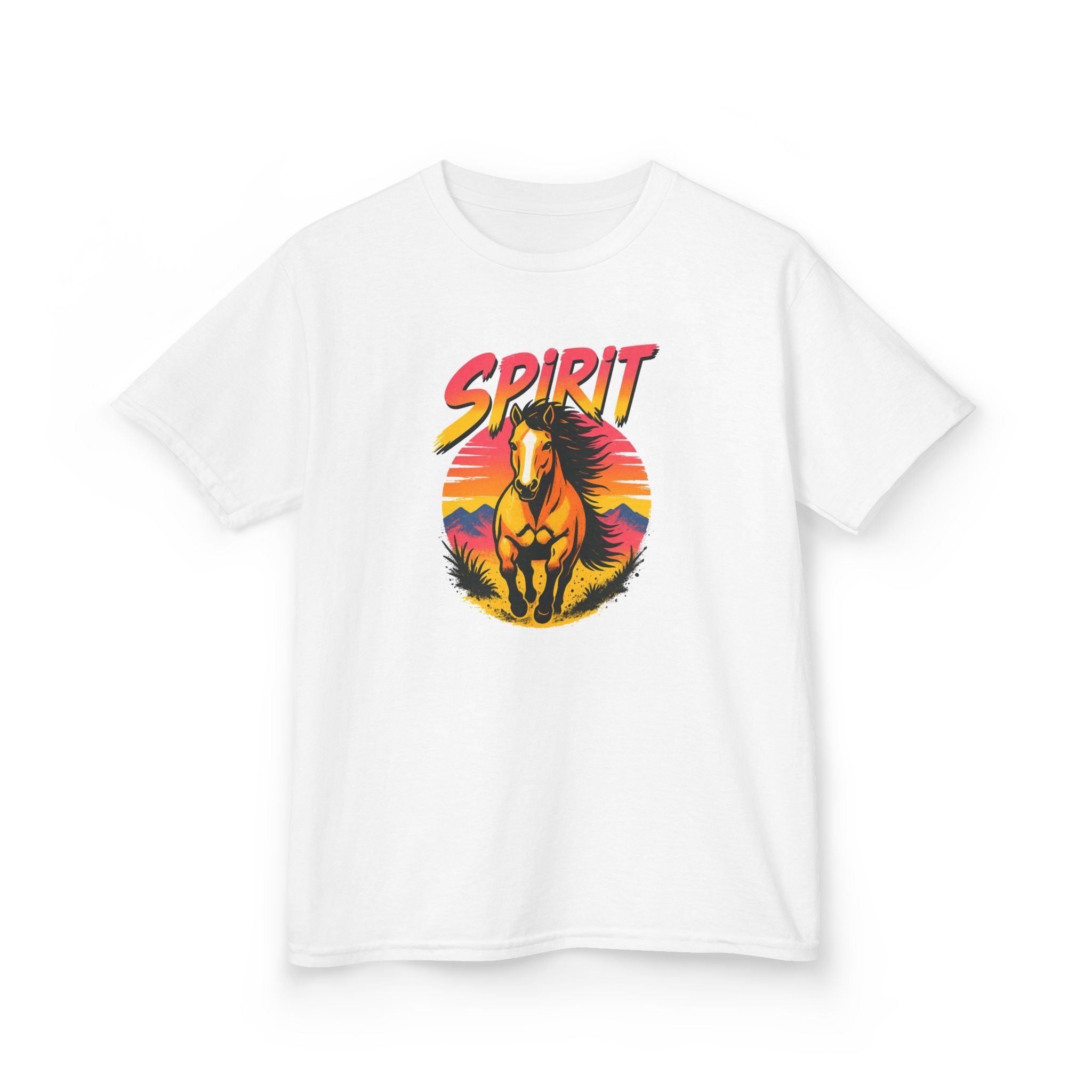 Spirit Horse Kids T‑Shirt — Retro Sunset Wild Horse Graphic Tee
