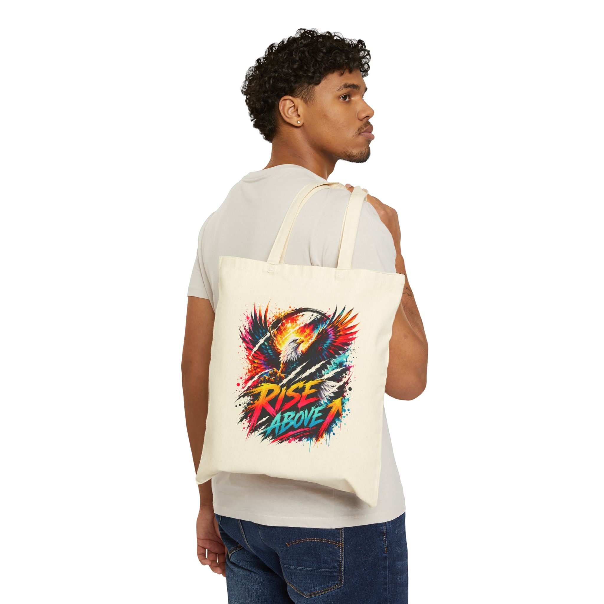 Rise Above Eagle Tote Bag | Colorful Eagle Canvas Tote | Motivational Reusable Shopping Bag | Unisex Graphic Tote | Gift for Eagle Lovers