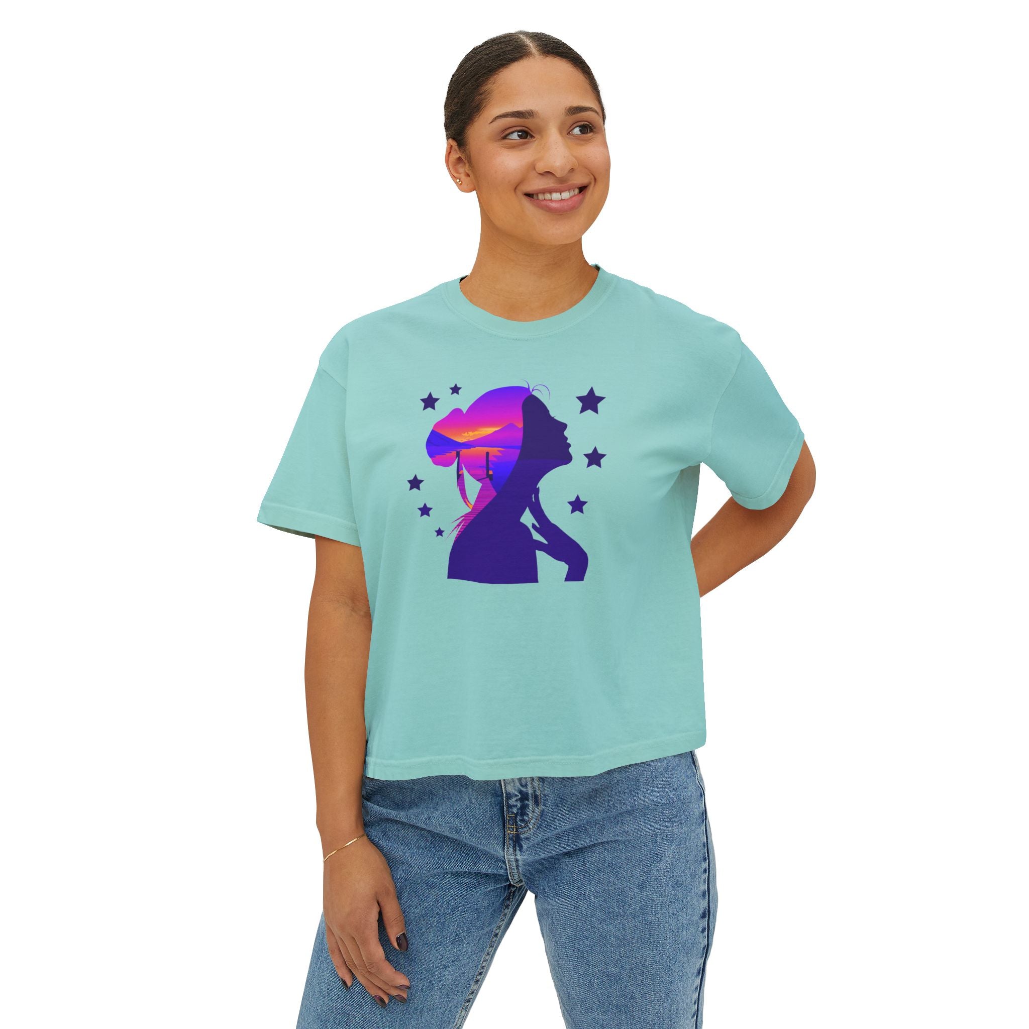 Women's Boxy Tee — Purple Sunset Silhouette Tee for Girls & Teens