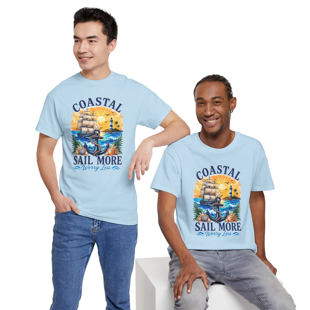 Coastal Sail More Worry Less T-Shirt | Nautical Beach Graphic Tee | Sailing Lover Shirt | Ocean Sunset Gift