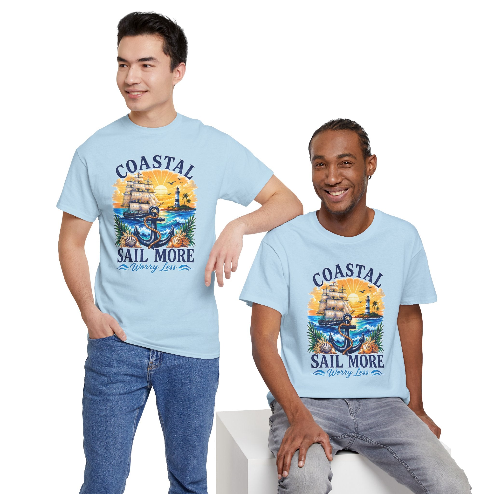 Coastal Sail More Worry Less T-Shirt | Nautical Beach Graphic Tee | Sailing Lover Shirt | Ocean Sunset Gift