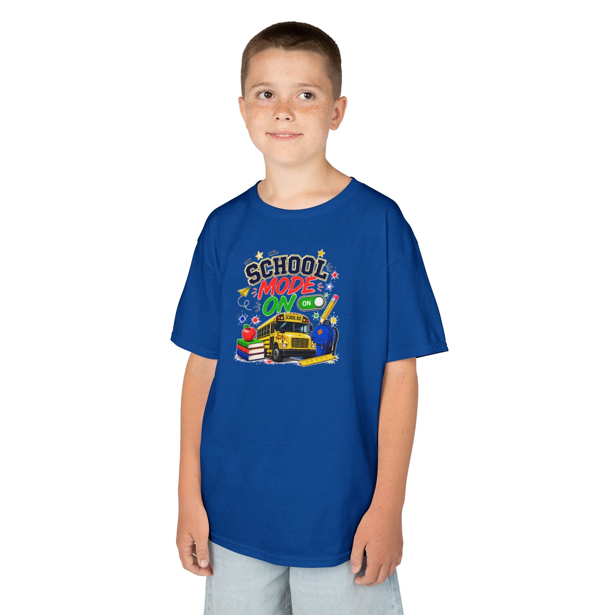 School Mode On Kids T‑Shirt — Back-to-School Graphic Tee with Bus, Books & Apple