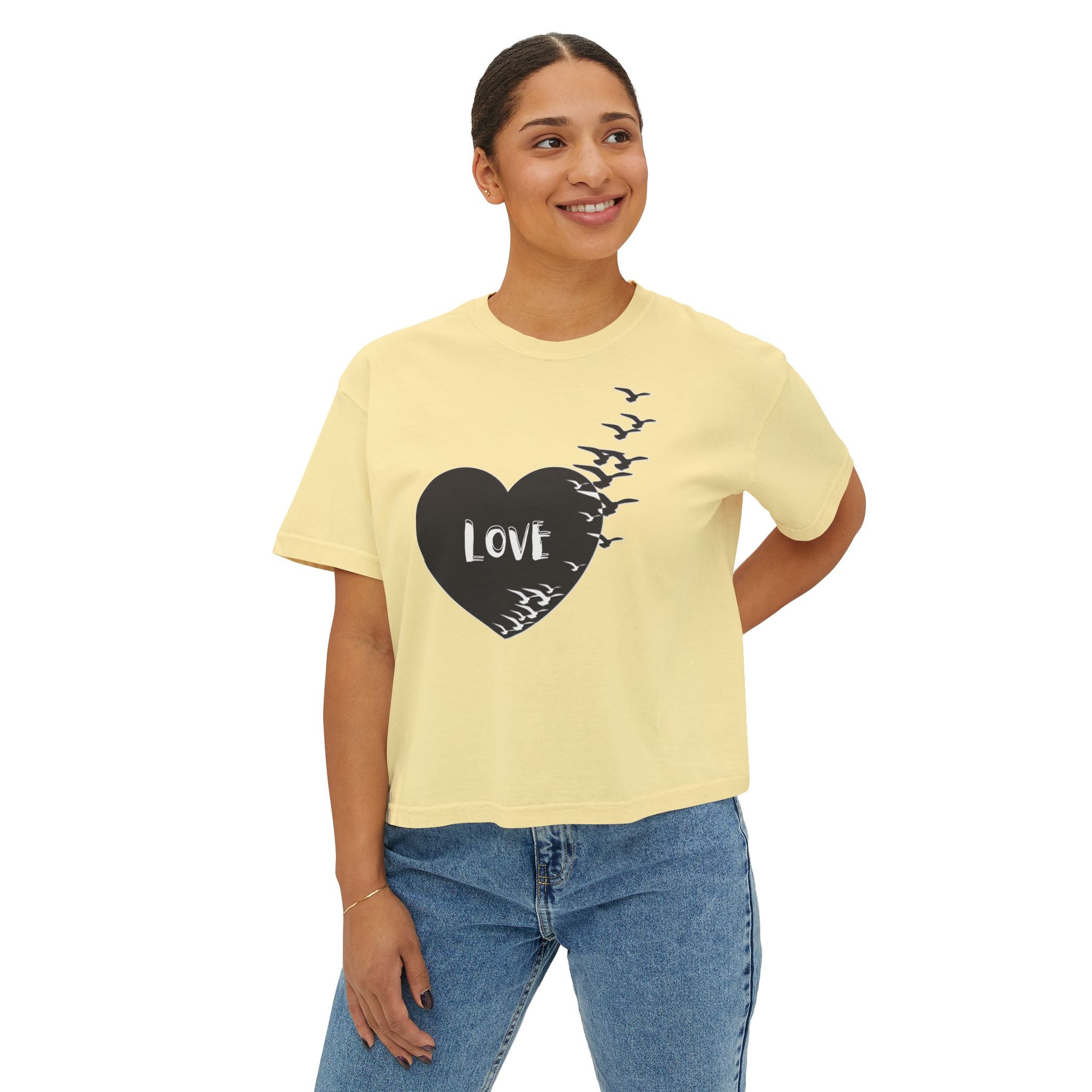 Love Bird Heart Boxy Tee — Women's Casual Graphic Shirt
