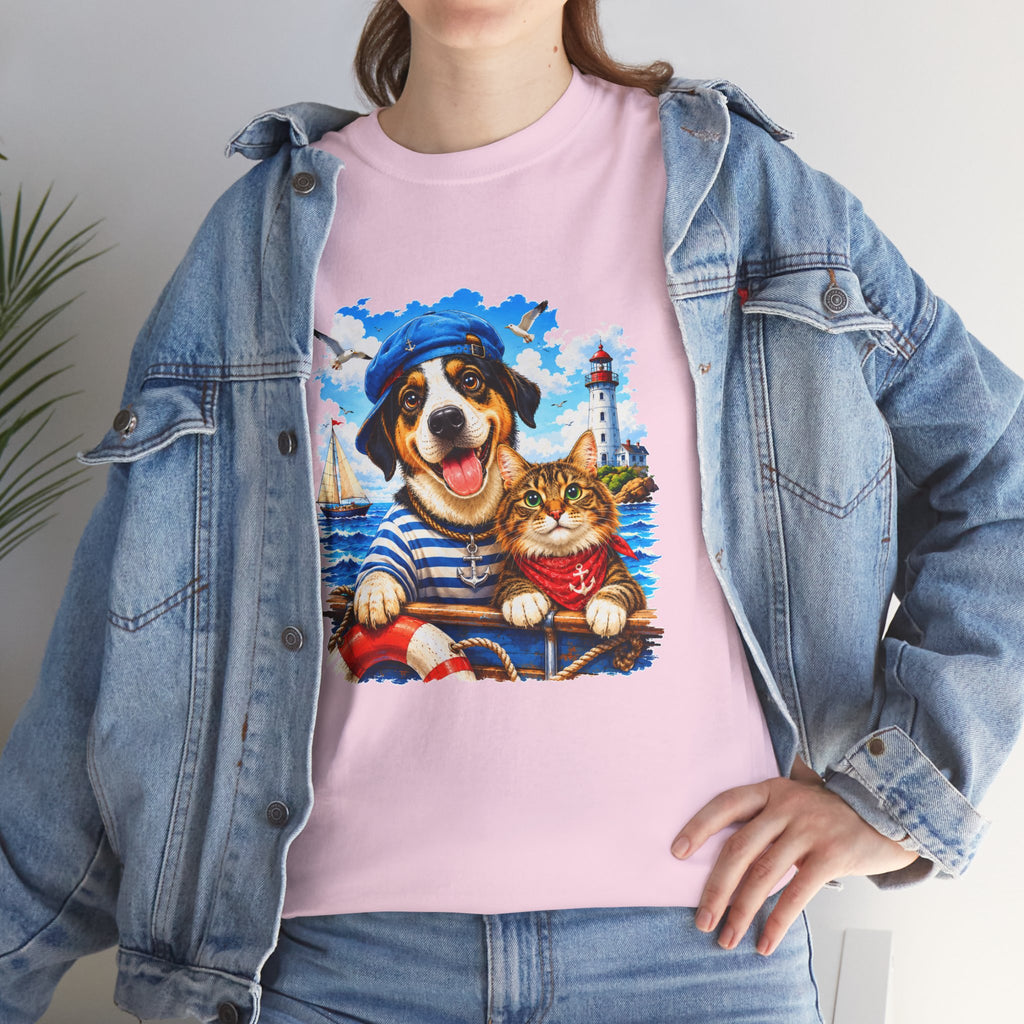 Nautical Dog & Cat T-Shirt | Sailor Pet Graphic Tee | Coastal Animal Lover Shirt | Beach Dog Cat Gift