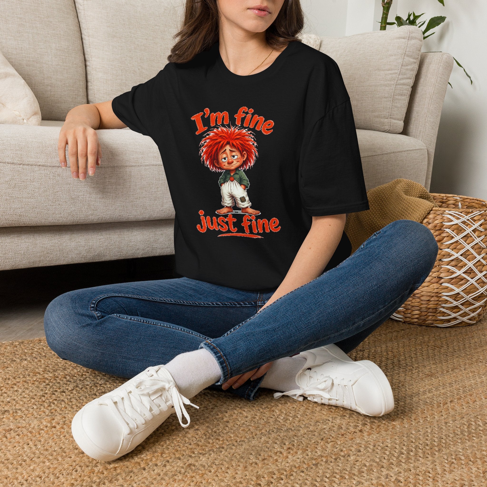 I'm Fine T‑Shirt — Cute Red‑Haired Character Tee ("I'm fine, just fine")