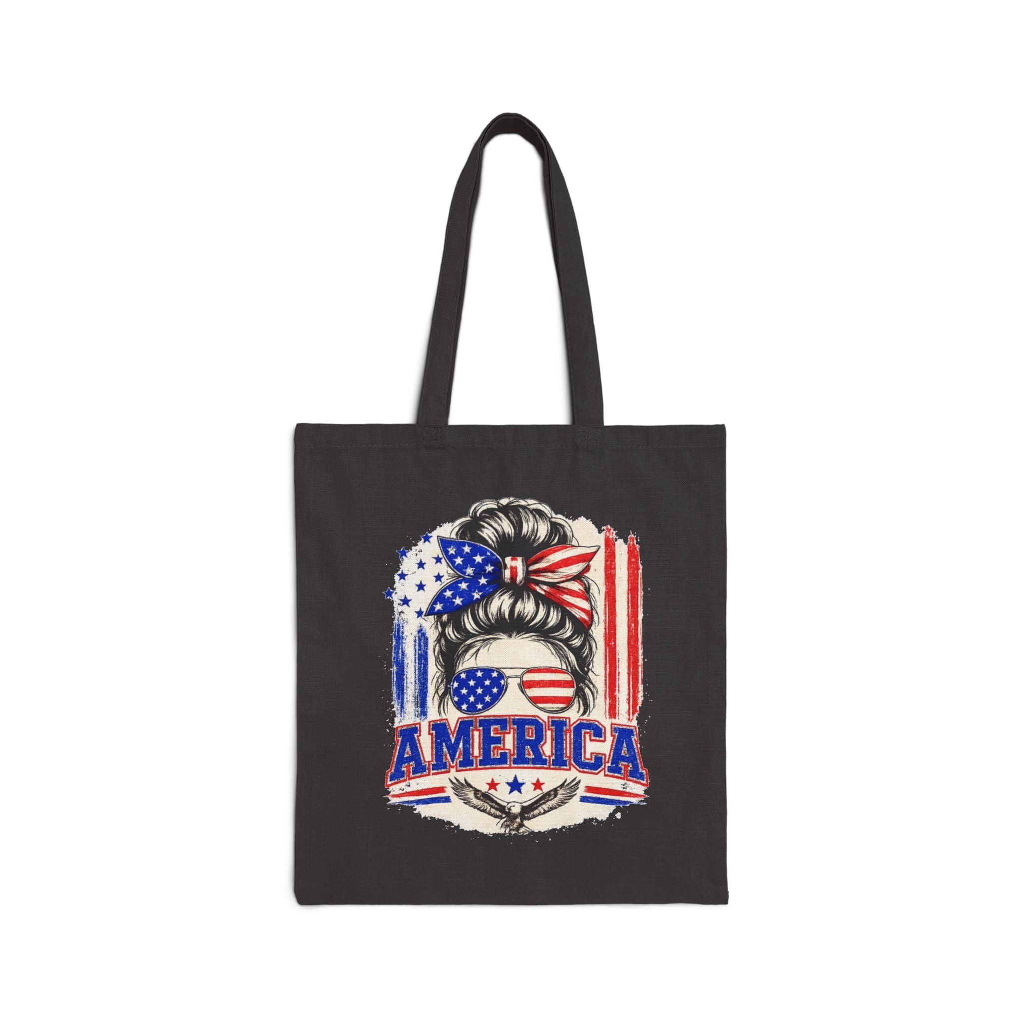 America Flag Hair Messy Bun Tote Bag — Patriotic 4th of July Cotton Canvas Tote