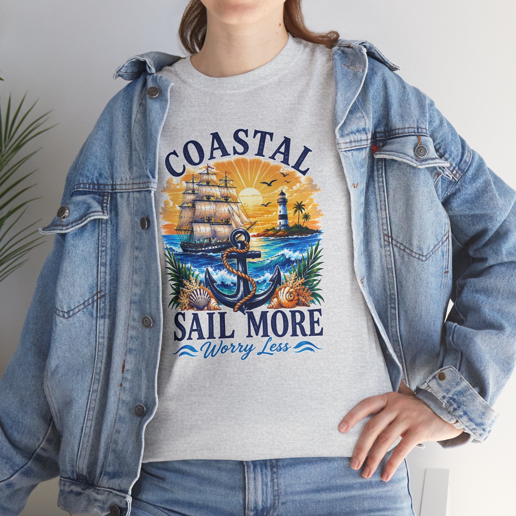 Coastal Sail More Worry Less T-Shirt | Nautical Beach Graphic Tee | Sailing Lover Shirt | Ocean Sunset Gift