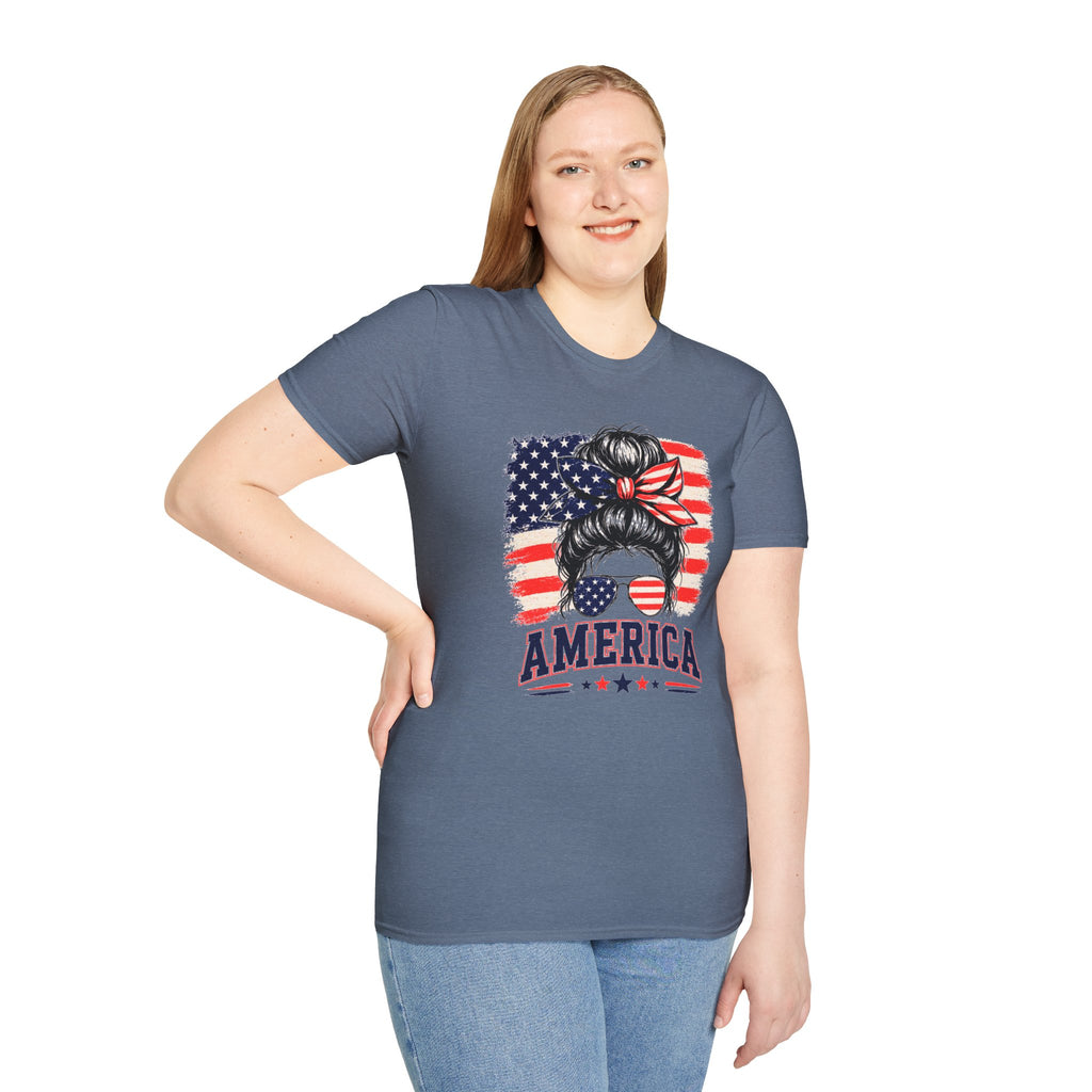 T-Shirt — Messy Bun American Flag Design (Patriotic Hair Band & Sunglasses)