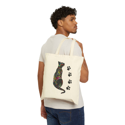 Cat Lover Tote Bag, Colorful Cat Art with Paw Prints, Cute Canvas Bag