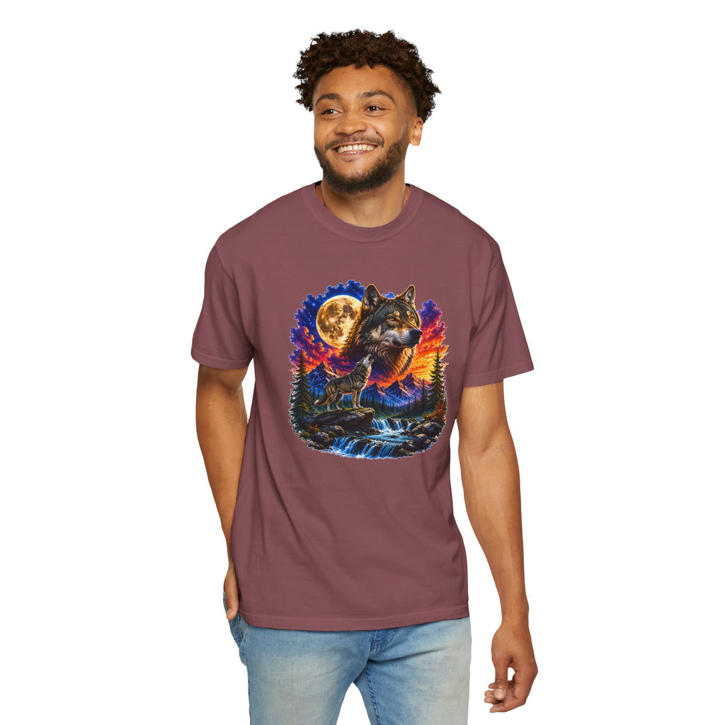 Colorful Wolf Moon T-Shirt, Nature Lover Gift, Howling Wolf Graphic Tee, Mountain Forest Shirt, Wildlife Adventure Tee