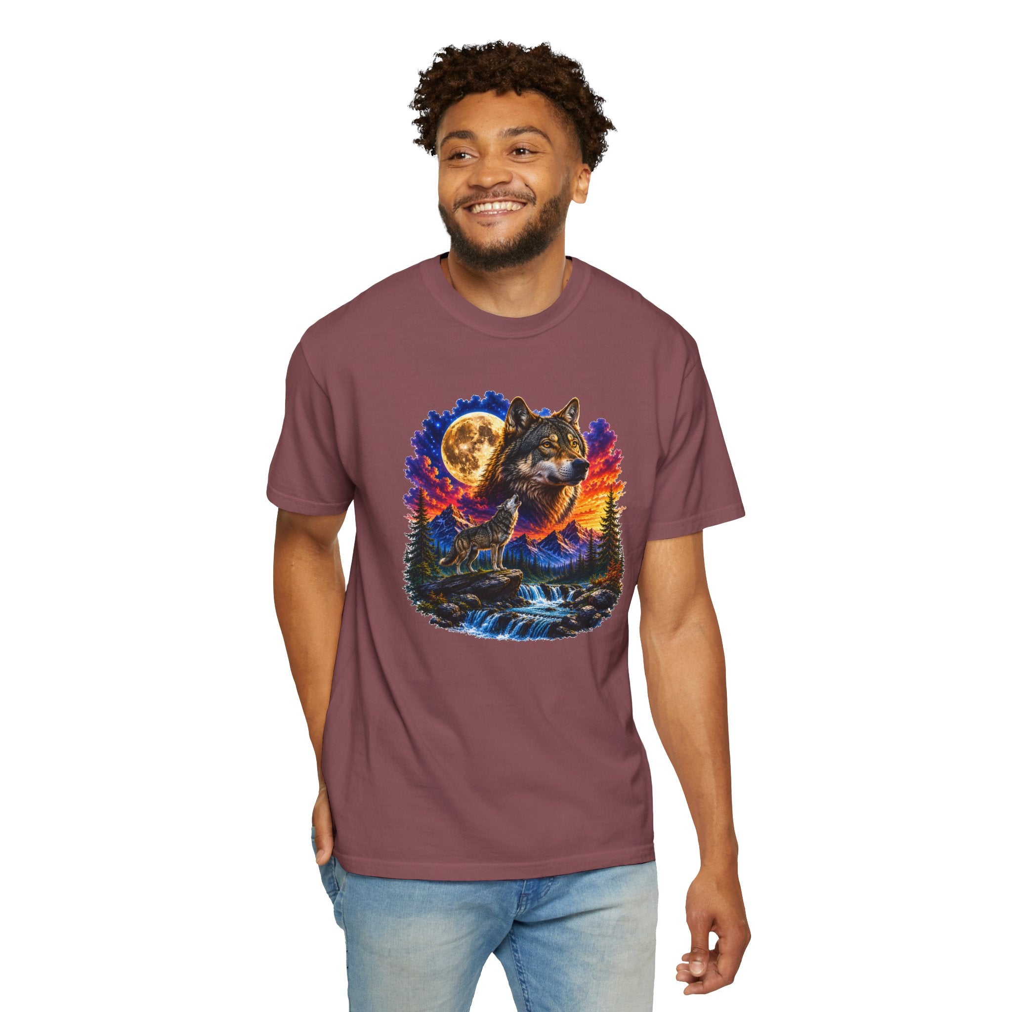 Colorful Wolf Moon T-Shirt, Nature Lover Gift, Howling Wolf Graphic Tee, Mountain Forest Shirt, Wildlife Adventure Tee