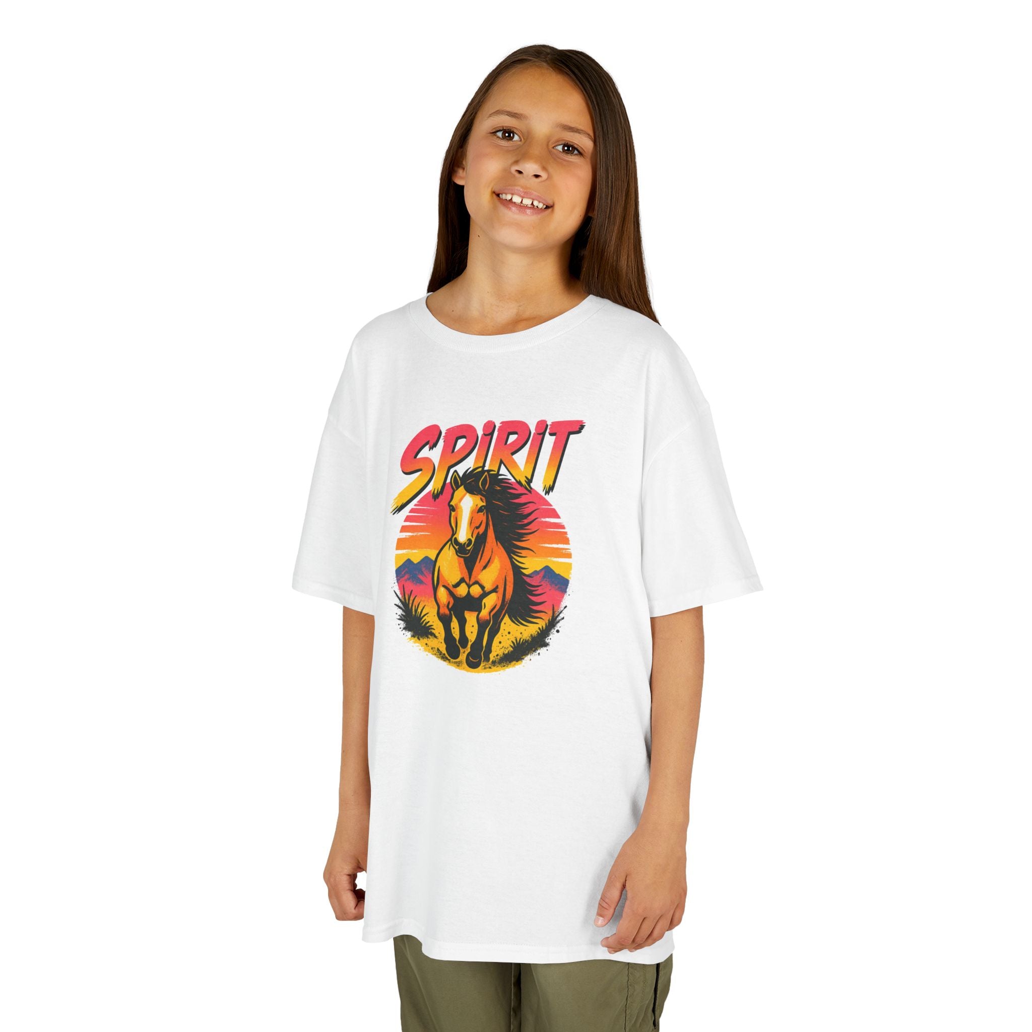 Spirit Horse Kids T‑Shirt — Retro Sunset Wild Horse Graphic Tee