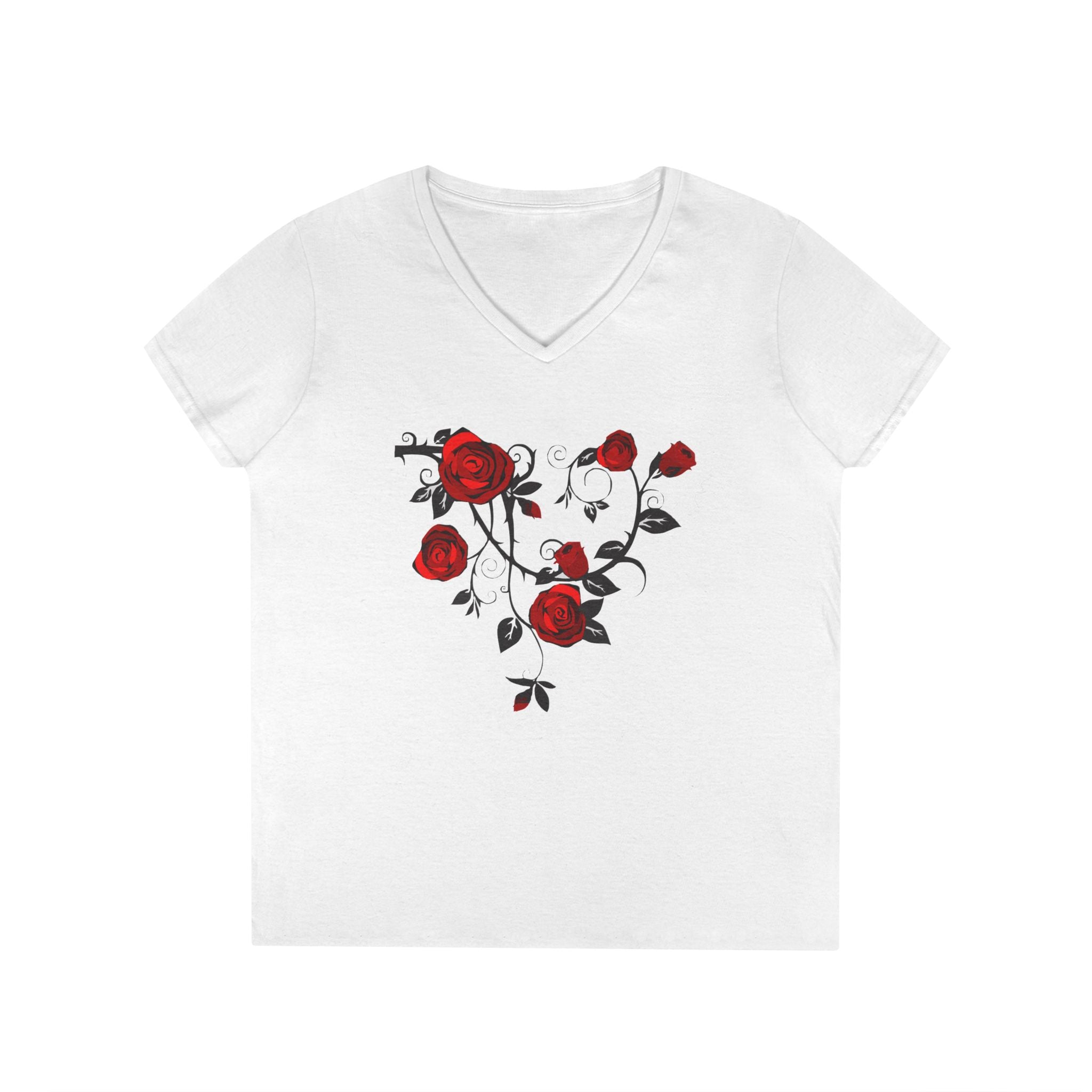Rose Heart V-Neck Tee — Floral Red Roses Women's T-Shirt