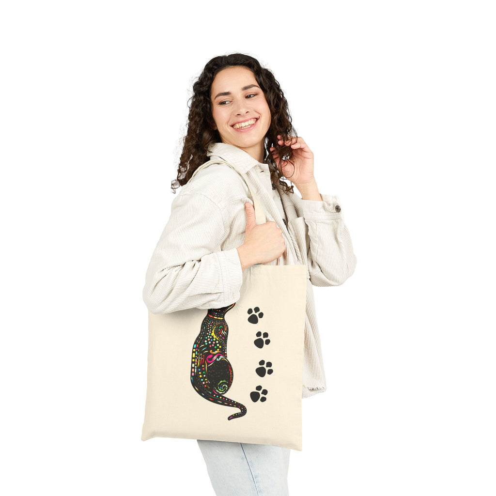 Cat Lover Tote Bag, Colorful Cat Art with Paw Prints, Cute Canvas Bag