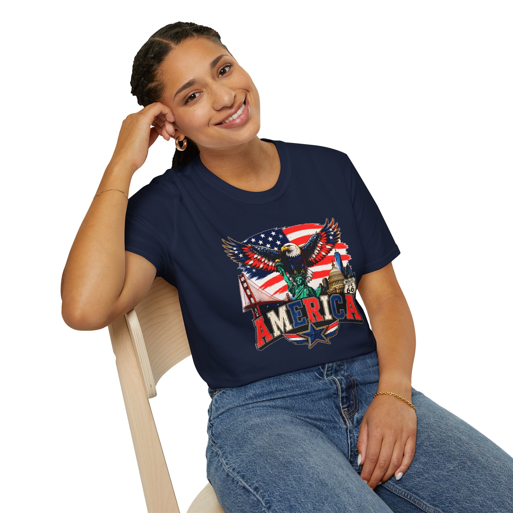 America Eagle Graphic T-Shirt — Patriotic USA Flag & Landmarks Tee (Statue of Liberty, Golden Gate, Capitol, Route 66)