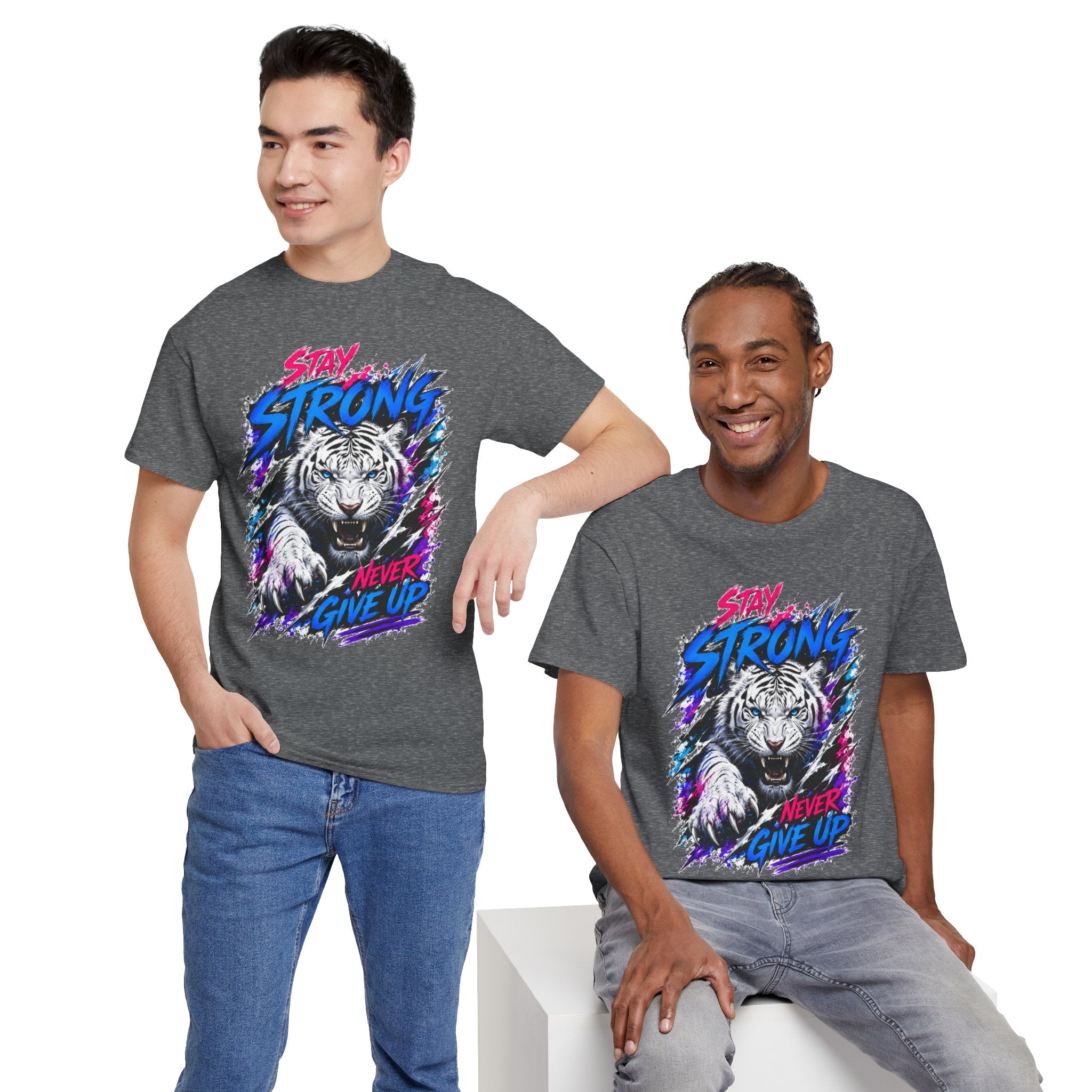 Stay Strong Never Give Up Tiger T-Shirt | White Tiger Graphic Tee | Motivational Unisex Shirt | Inspirational Animal Tee | Gift for Tiger Lovers