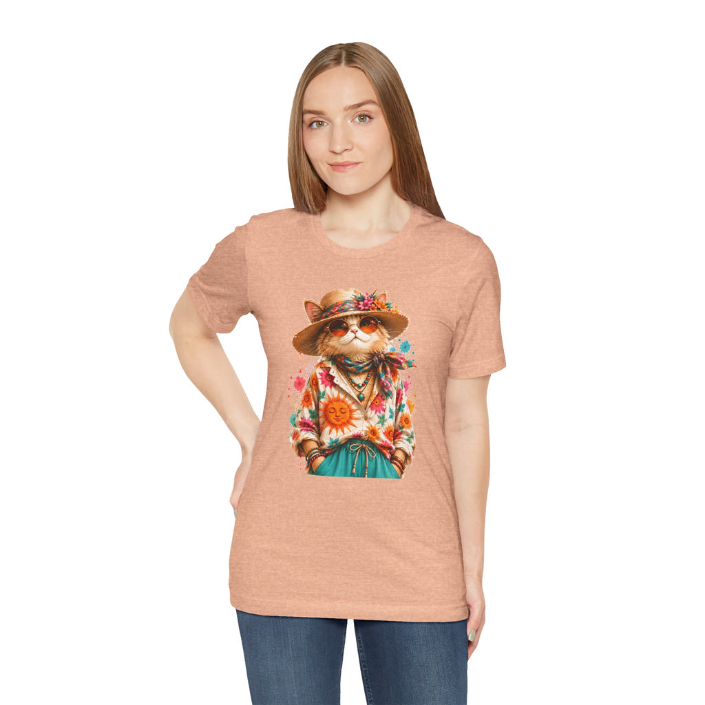 Boho Cat Graphic Tee — Floral Hat & Sunshine Cat T-Shirt