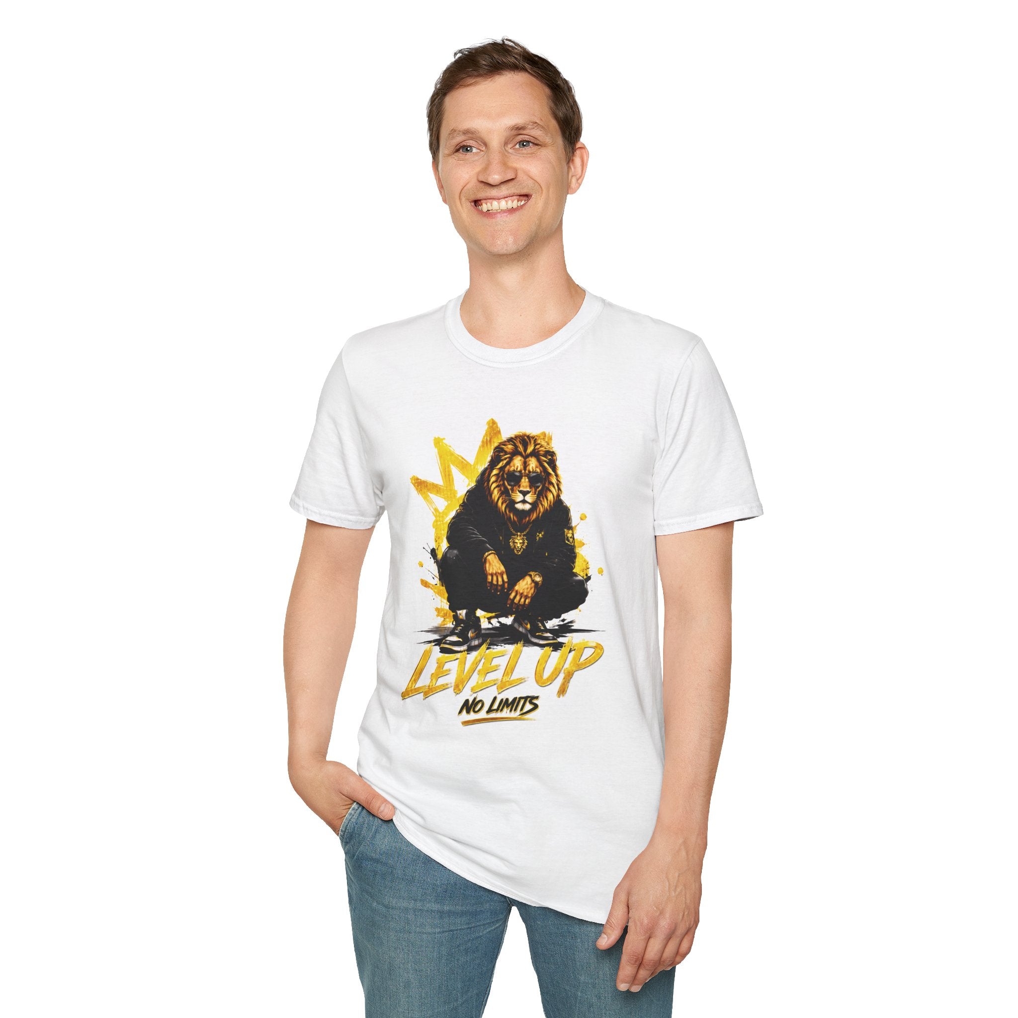 Lion 'Level Up No Limits' T-Shirt — Motivational Graphic Tee for Ambitious Souls