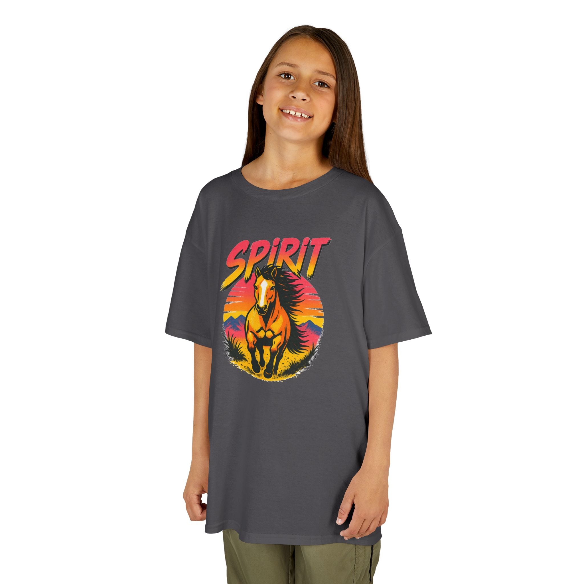 Spirit Horse Kids T‑Shirt — Retro Sunset Wild Horse Graphic Tee