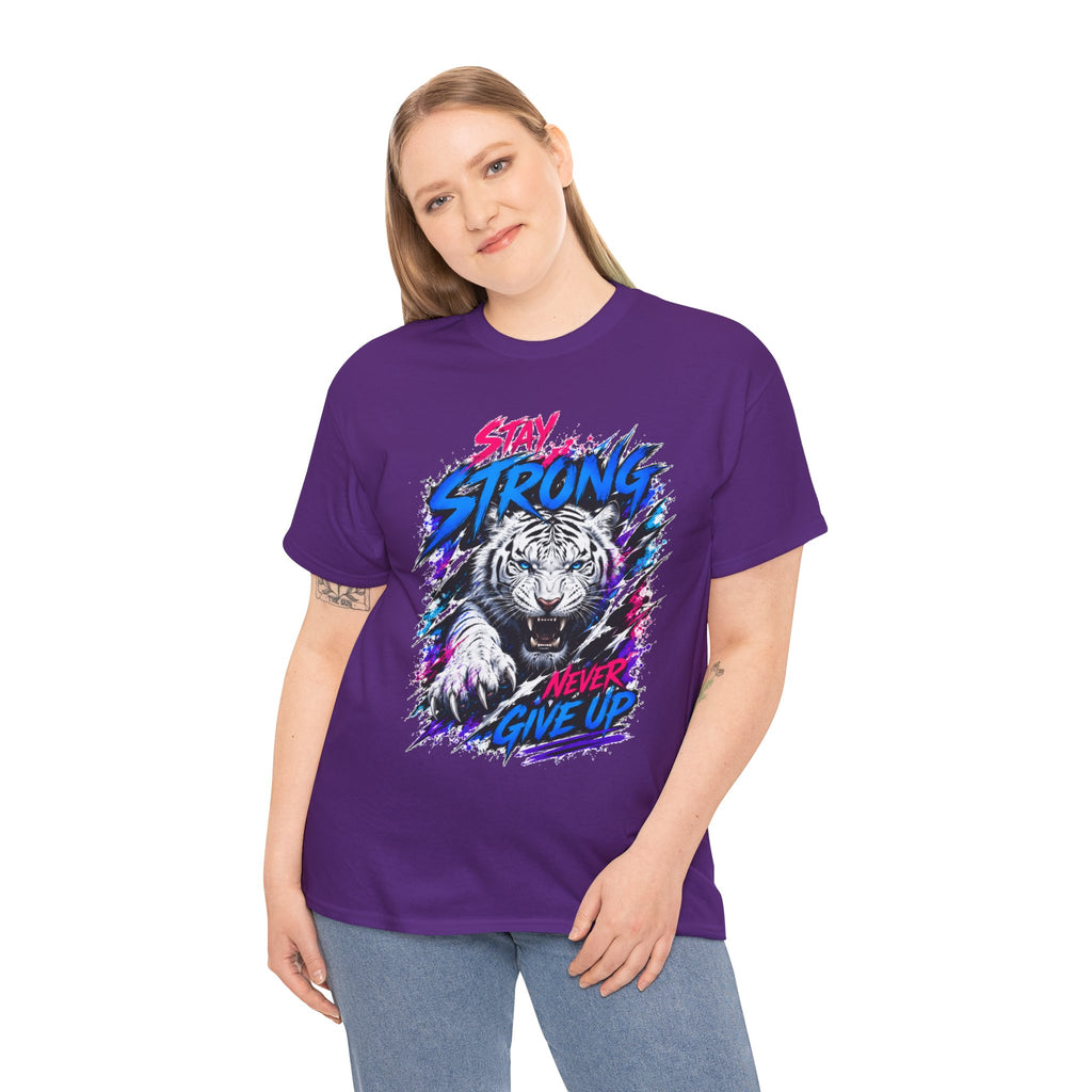 Stay Strong Never Give Up Tiger T-Shirt | White Tiger Graphic Tee | Motivational Unisex Shirt | Inspirational Animal Tee | Gift for Tiger Lovers