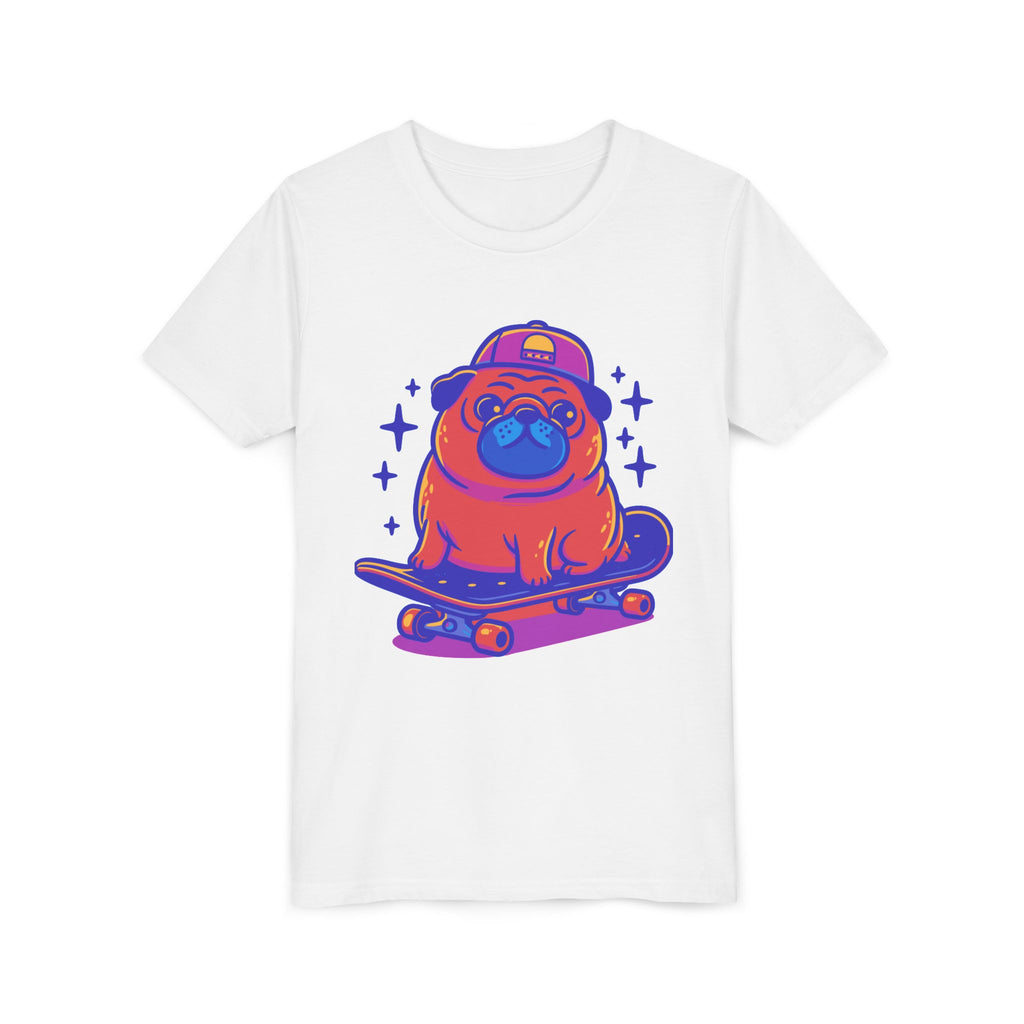Cute Skateboarding Pug Kids T-Shirt | Funny Dog Graphic Tee for Boys & Girls | Youth Streetwear Shirt