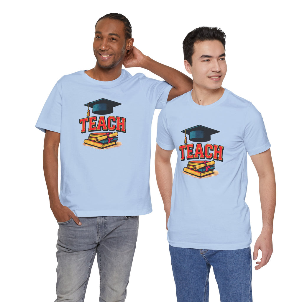 Teach Graduation T‑Shirt — Teacher Gift Tee with Cap & Books Design