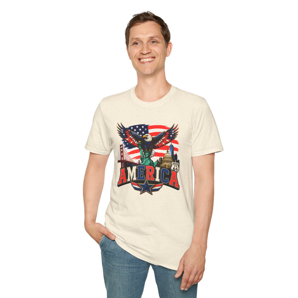 America Eagle Graphic T-Shirt — Patriotic USA Flag & Landmarks Tee (Statue of Liberty, Golden Gate, Capitol, Route 66)