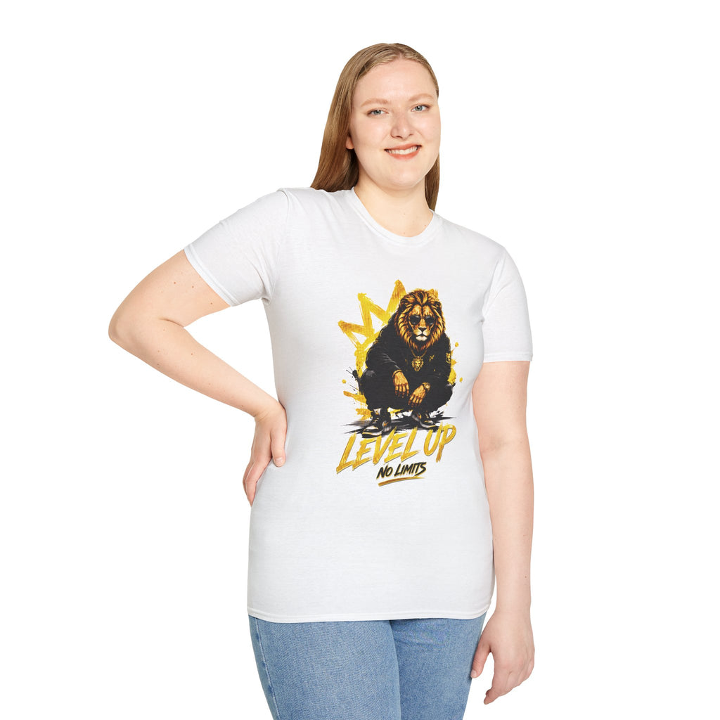 Lion 'Level Up No Limits' T-Shirt — Motivational Graphic Tee for Ambitious Souls