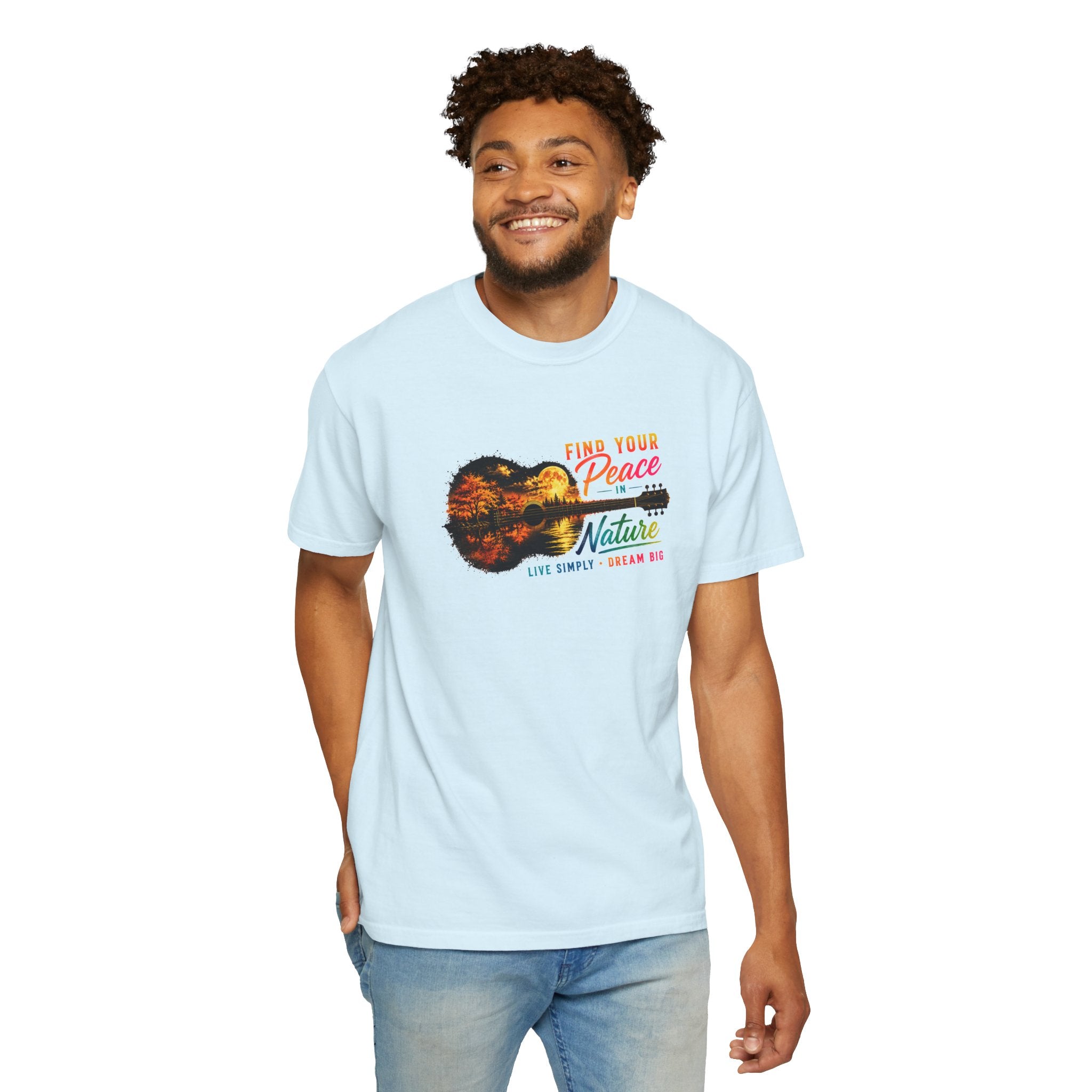 Acoustic Guitar Nature T-Shirt, Find Your Peace in Nature Tee, Music Lover Gift, Camping Shirt, Outdoor Graphic Tee, Hiking Shirt