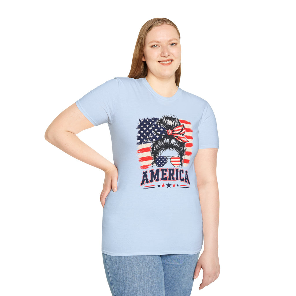 T-Shirt — Messy Bun American Flag Design (Patriotic Hair Band & Sunglasses)