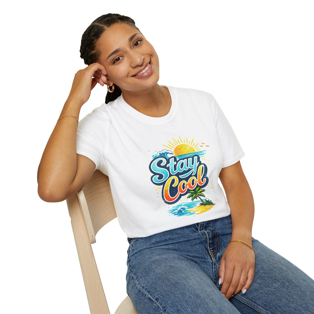 Stay Cool Beach T-Shirt — Vintage Sunset Palm Island Graphic