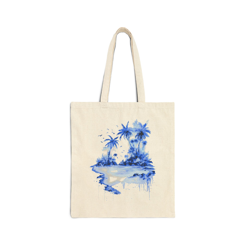 Blue Watercolor Tropical Island Tote Bag | Palm Trees Beach Canvas
