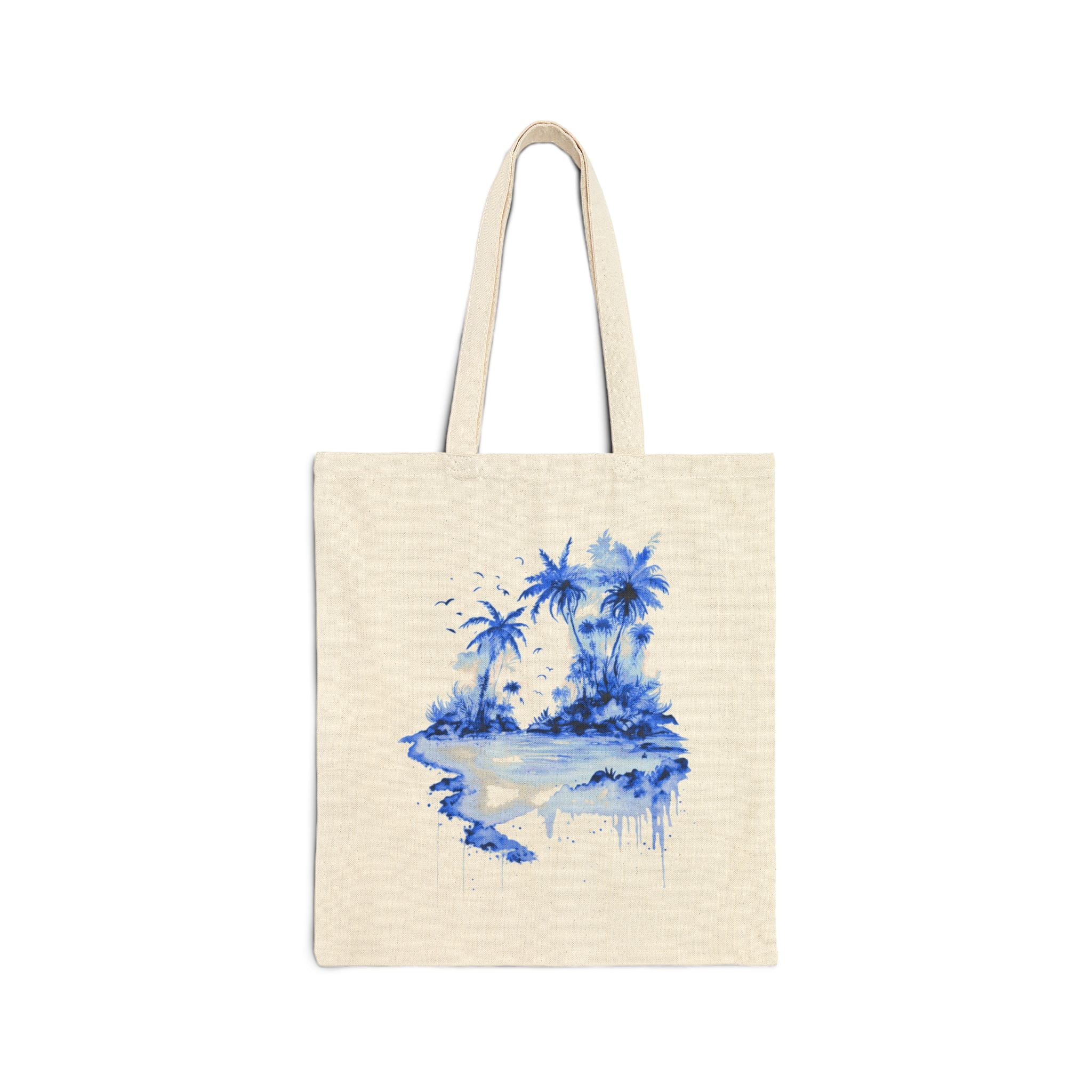 Blue Watercolor Tropical Island Tote Bag | Palm Trees Beach Canvas