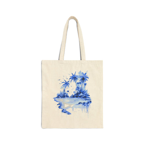 Blue Watercolor Tropical Island Tote Bag | Palm Trees Beach Canvas