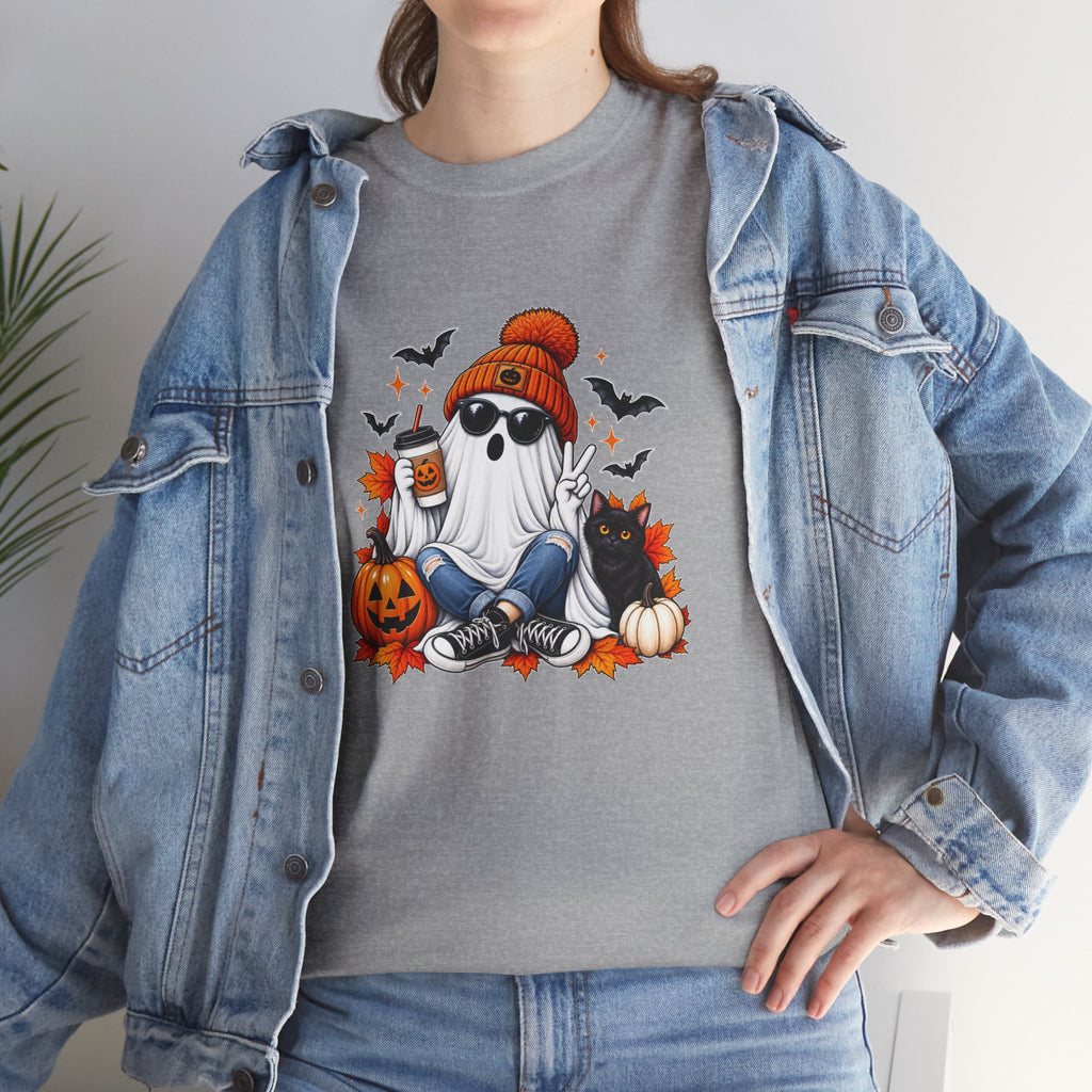 Halloween Ghost T-Shirt, Cute Spooky Pumpkin Cat Tee, Cozy Fall Coffee Graphic Shirt, Halloween Gift for Her