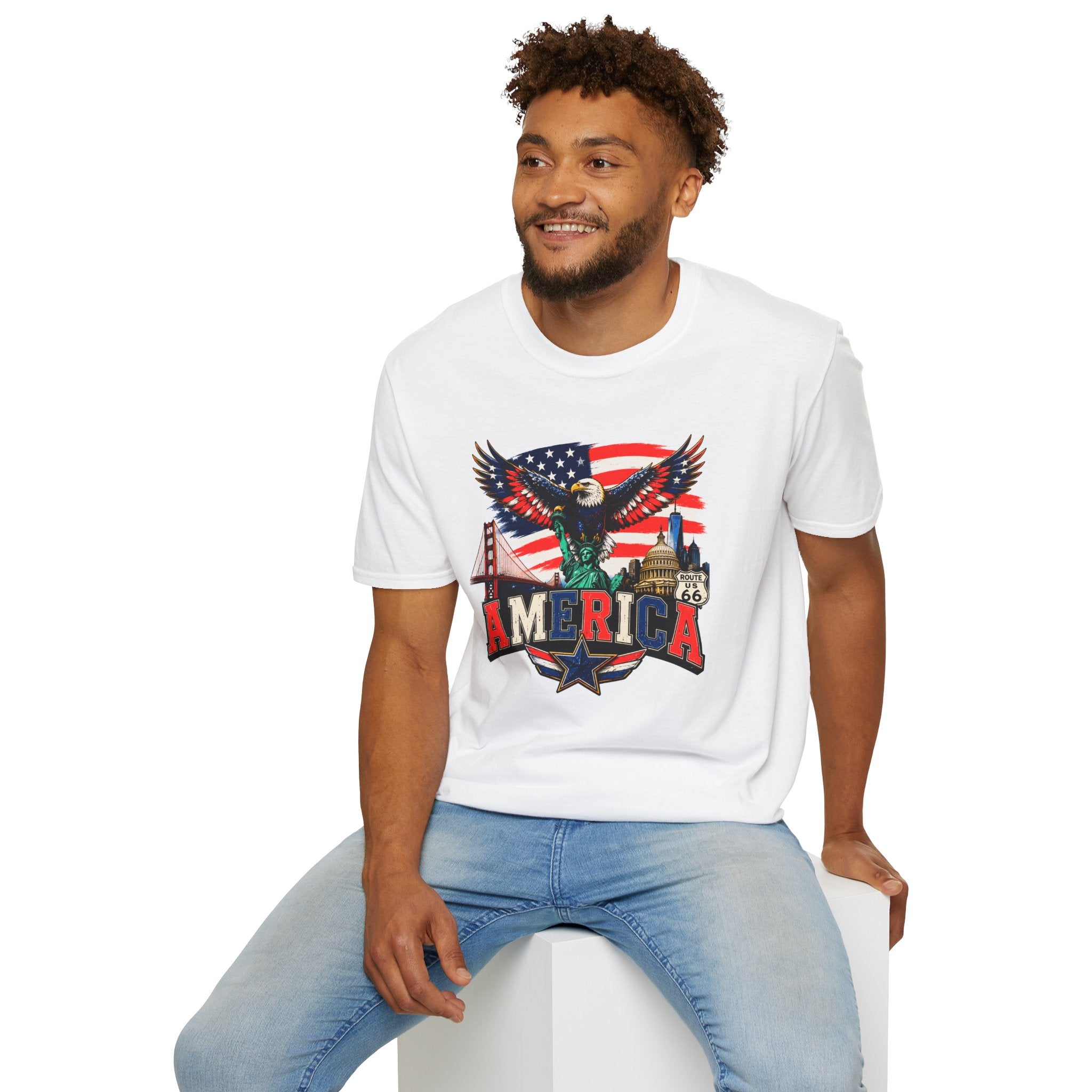 America Eagle Graphic T-Shirt — Patriotic USA Flag & Landmarks Tee (Statue of Liberty, Golden Gate, Capitol, Route 66)