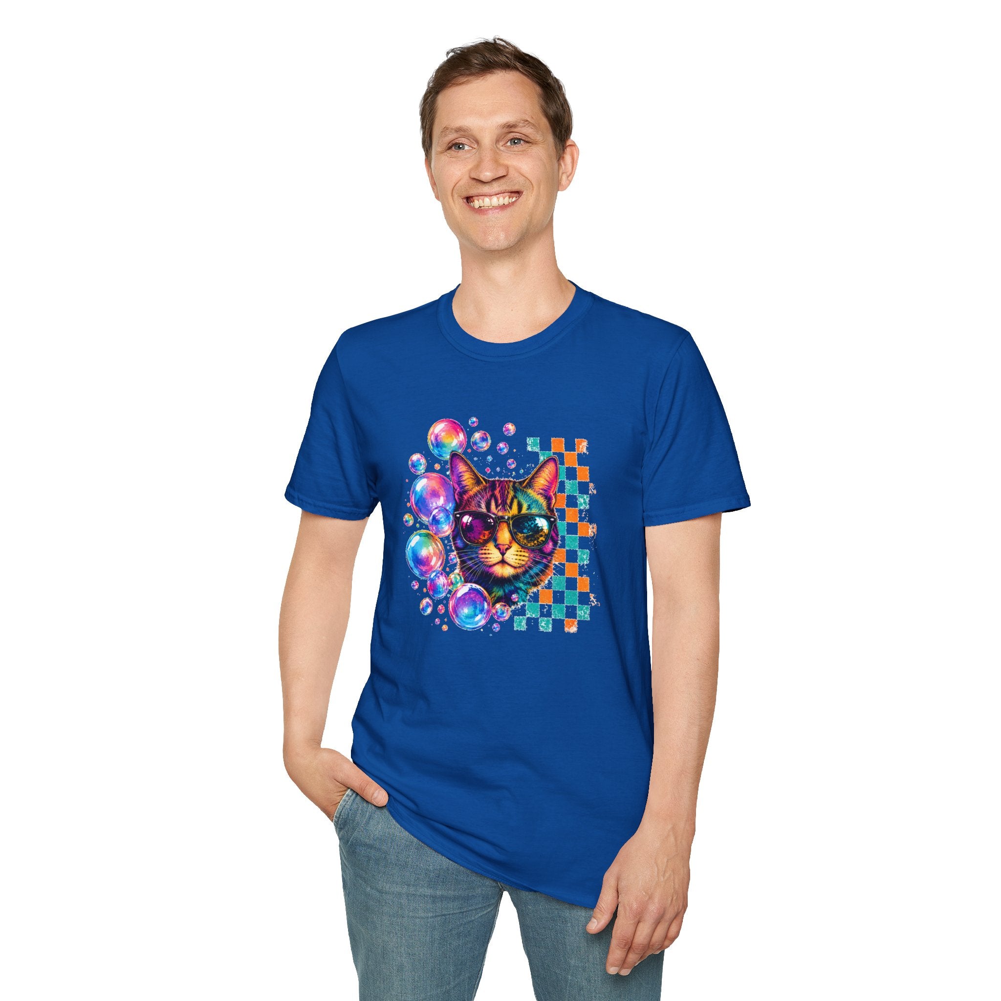 Colorful Cat Sunglasses T-Shirt, Retro Pop Art Cat Tee, Fun Graphic Shirt